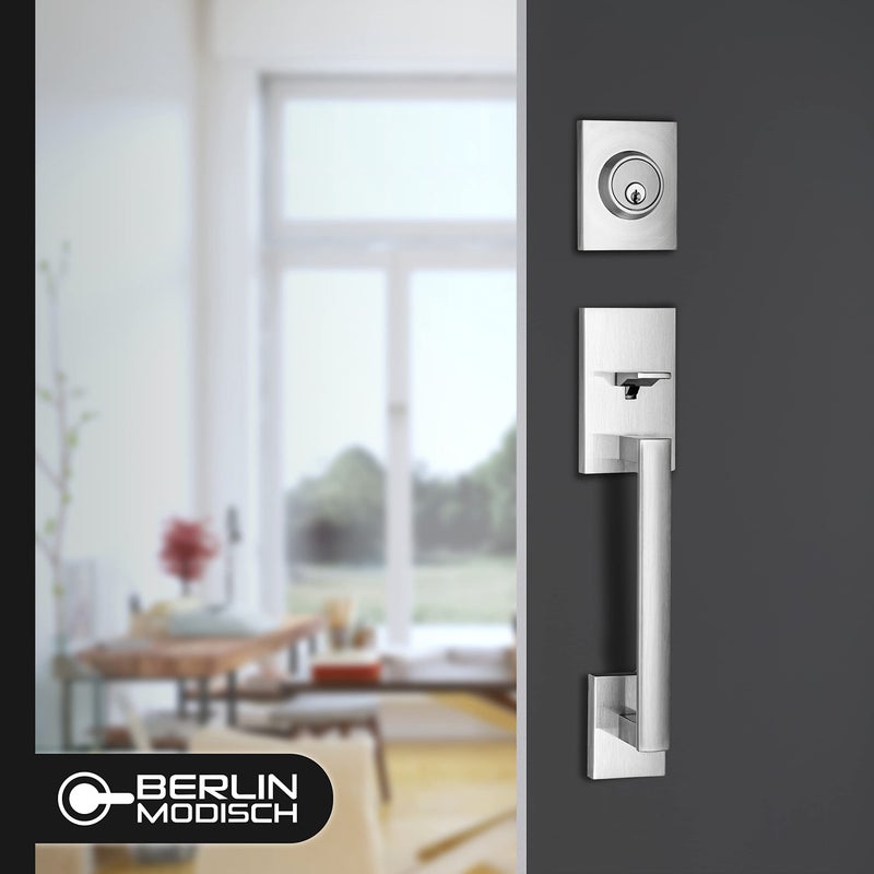 Berlin Modisch HandleSet Front Door Entry Handle and Deadbolt Lock Set Slim Square Single Cylinder Deadbolt and Lever Reversible for Right & Left Sided Doors Heavy Duty â€“ Satin Nickel Finish - Image 2